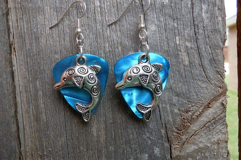 Dolphin Charm Guitar Pick Earrings