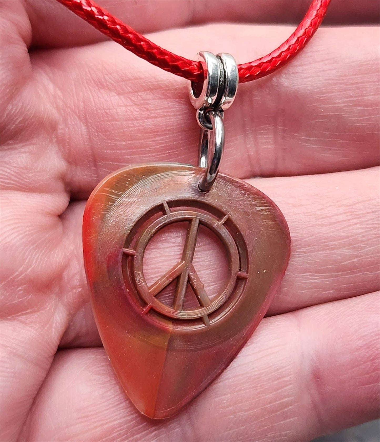 Red and Black Peace Sign Cut Out Guitar Pick Necklace