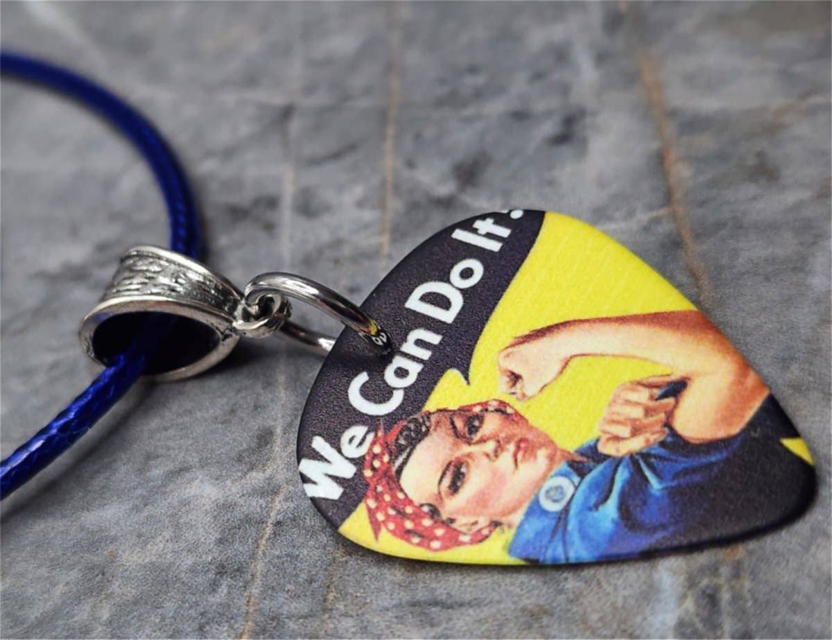 Rosie the Riveter Guitar Pick Necklace with a Blue Cord