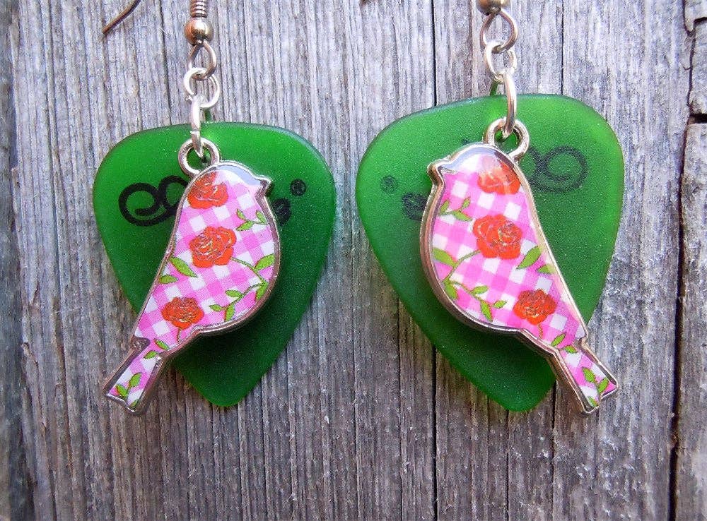 Pink Plaid and Flowered Bird Charm Guitar Pick Earrings