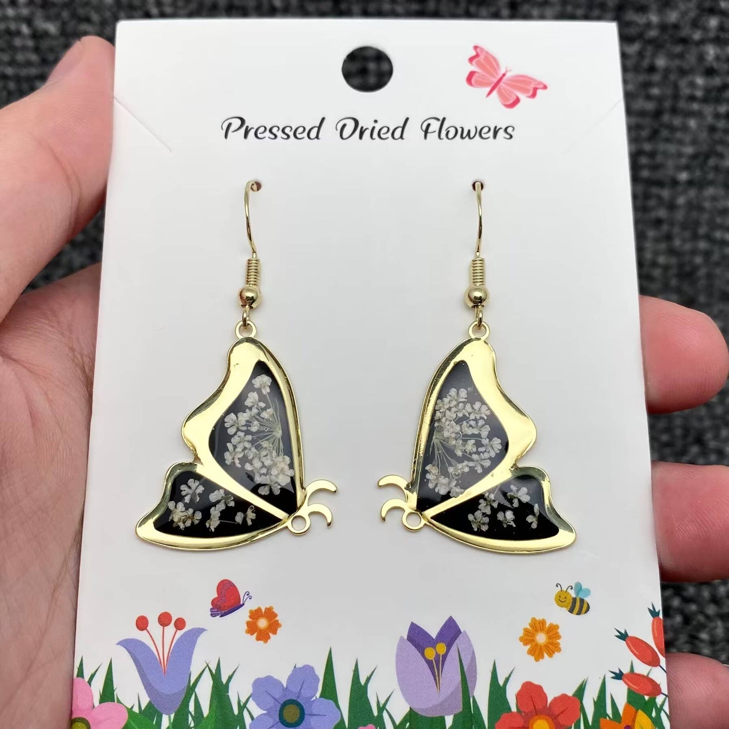 Queen Anne's Lace Dried Flower Black Butterfly Earrings
