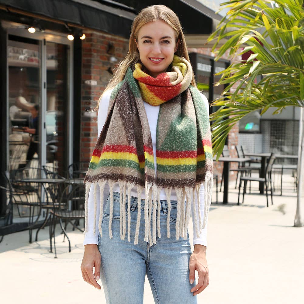 Cozy Chunky Geometric Plaid Oblong Fringe Winter Scarf