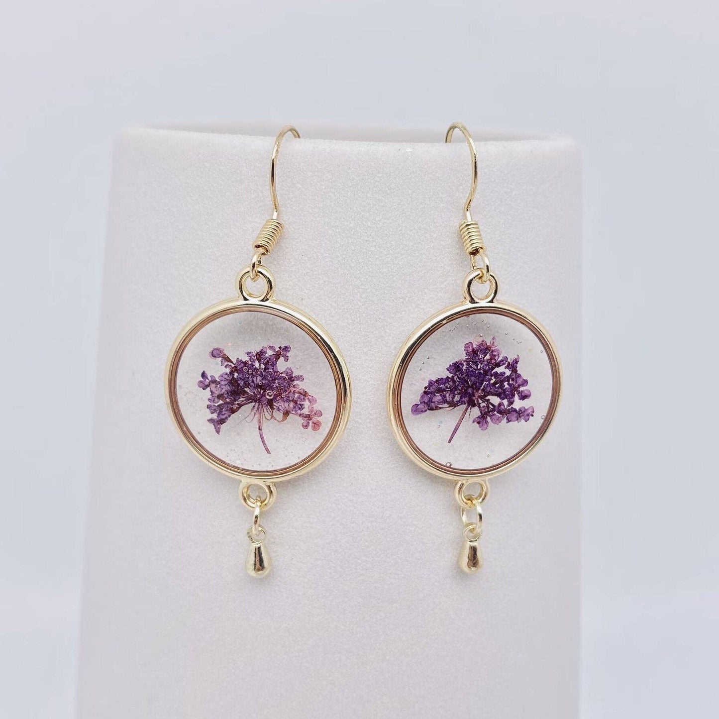 Pressed Flower Dried Flower Round Pendant Earrings