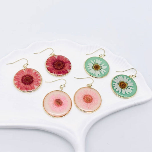 Chrysanthemum Dried Flower Round Charm Dangle Earrings