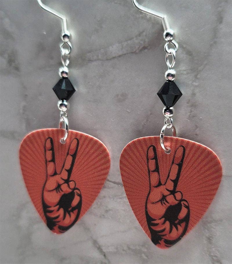 Peace Sign Fingers Guitar Pick Earrings with Black Swarovski Crystals