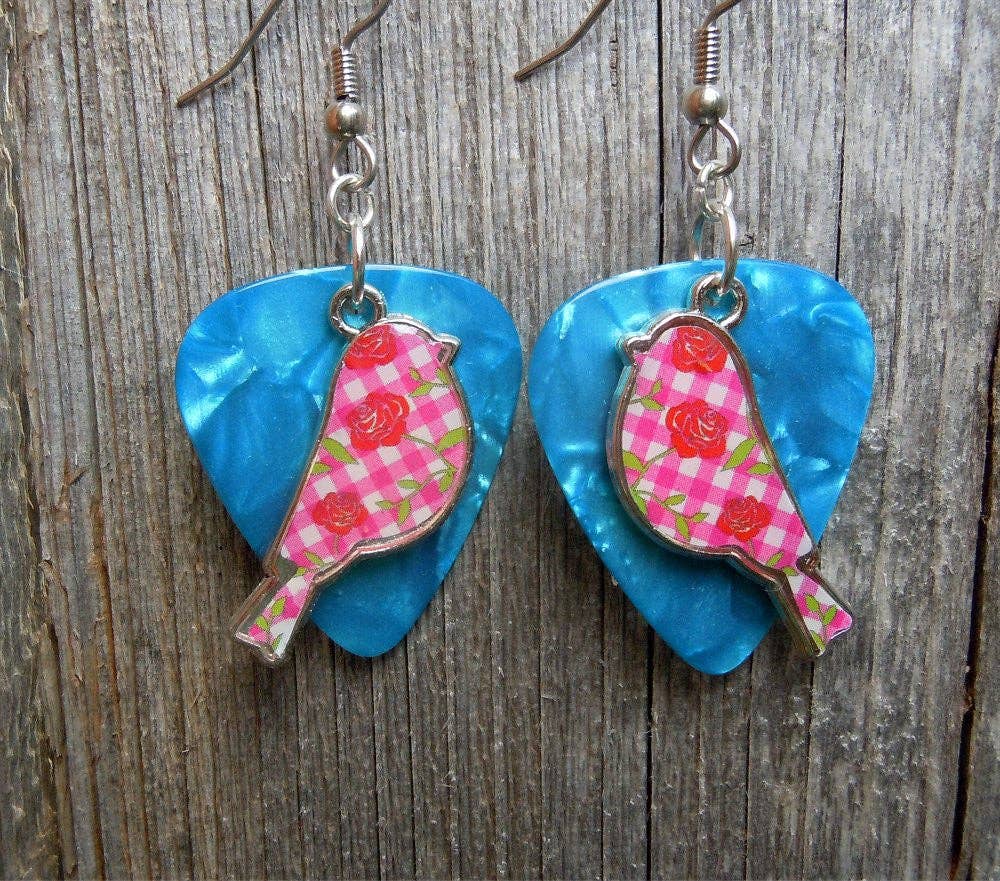 Pink Plaid and Flowered Bird Charm Guitar Pick Earrings