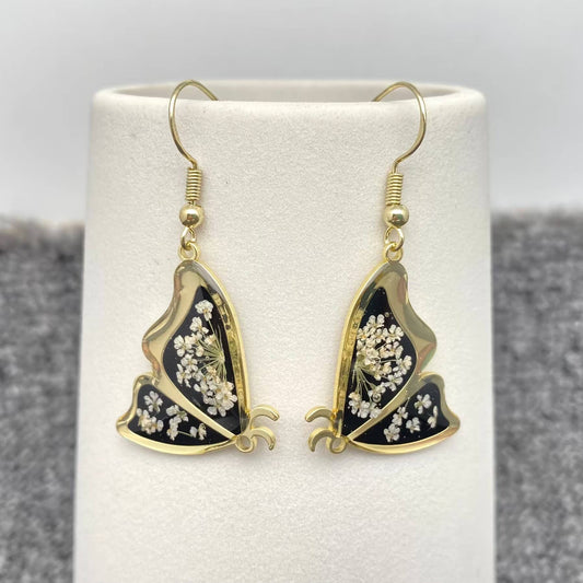 Queen Anne's Lace Dried Flower Black Butterfly Earrings