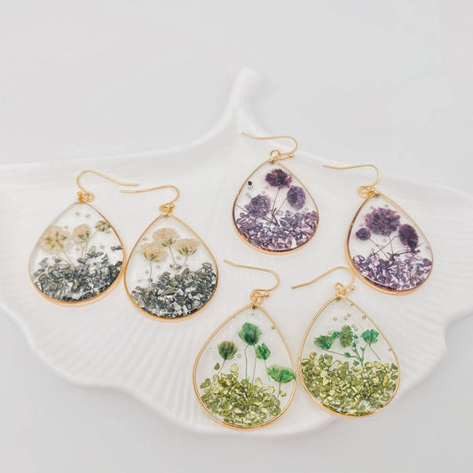 Dried Flower Gypsophila Gravel Dangle Earrings