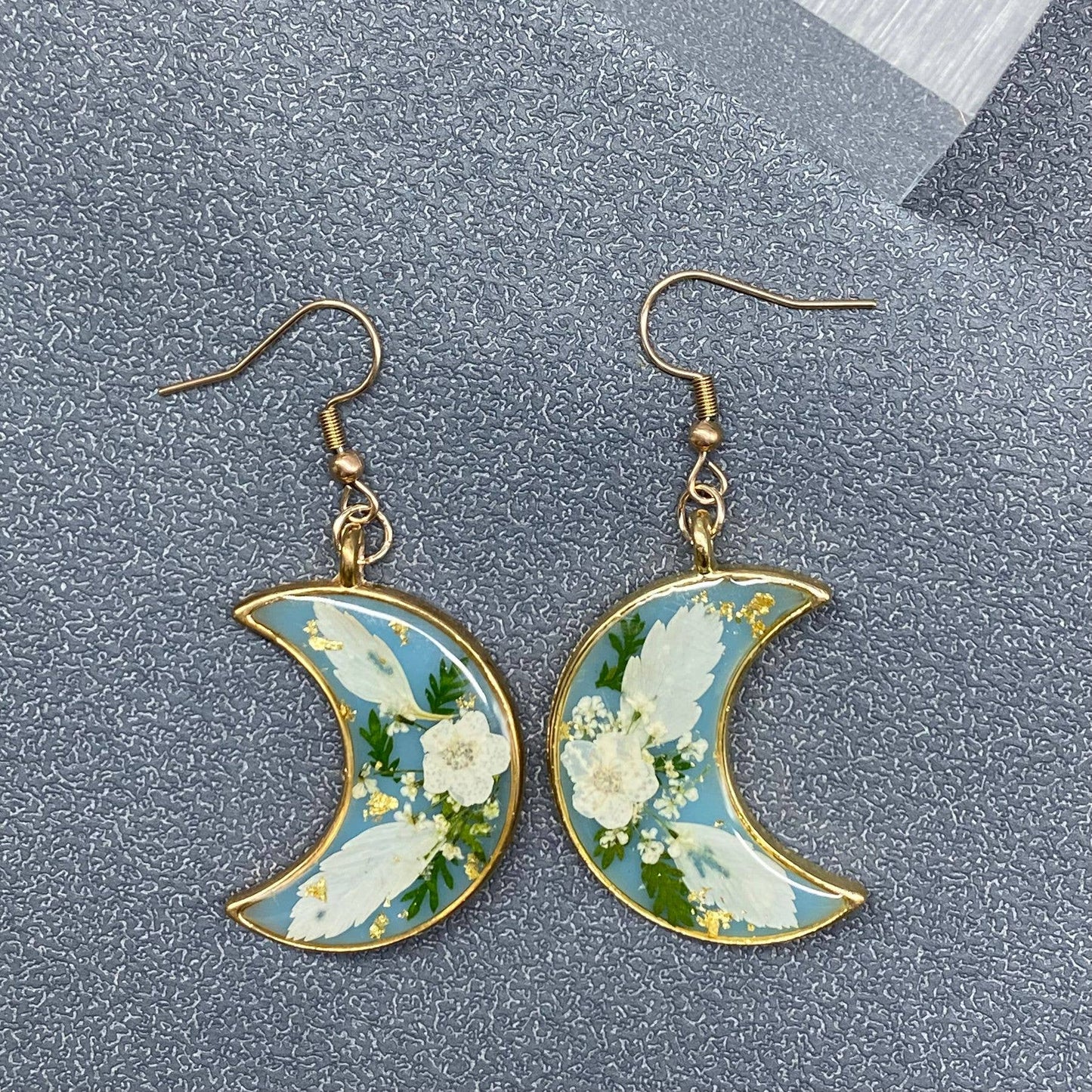 Pressed Dried Flowers Floral Moon Dangle Earrings