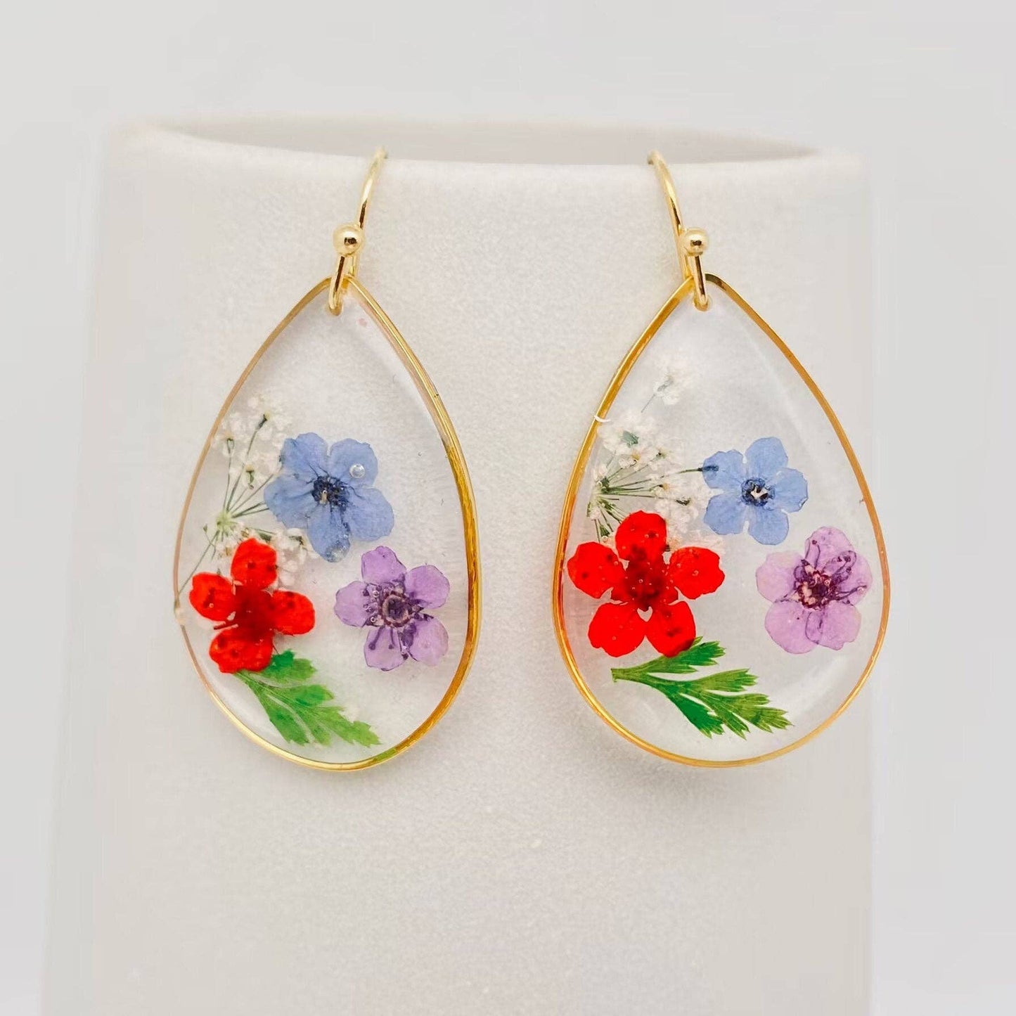 Forget-me-not Daffodil Dried Flower Teardrop Dangle Earrings