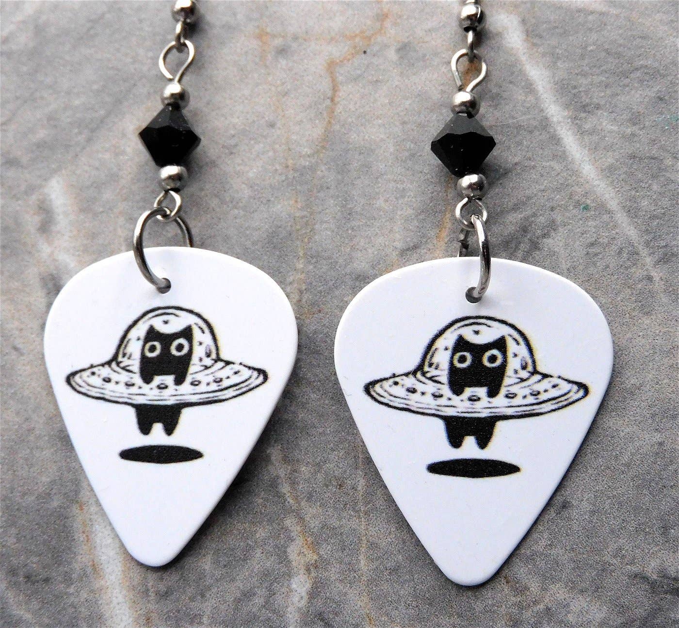 Black Cat In A UFO Guitar Pick Earrings w Black Swarovskis