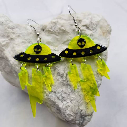 Ufo Alien Spaceship Lightning Bolt Earrings