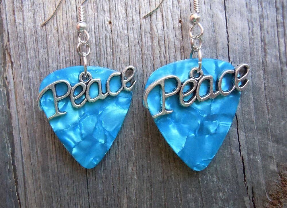 Peace Text Charm Guitar Pick Earrings