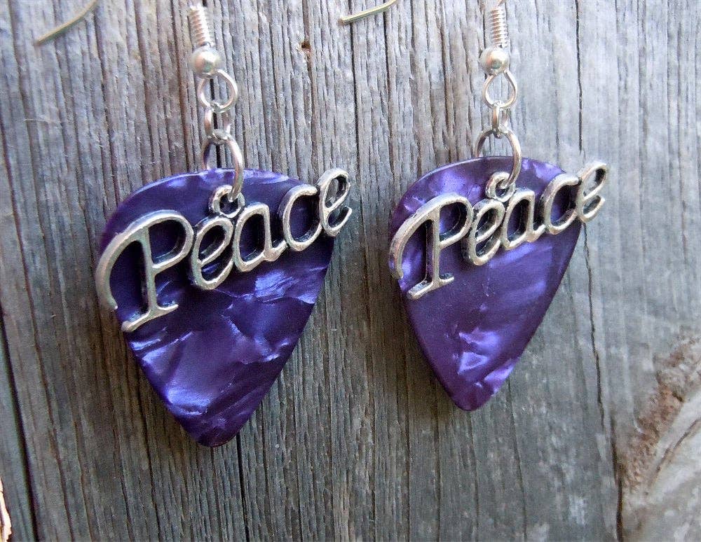 Peace Text Charm Guitar Pick Earrings