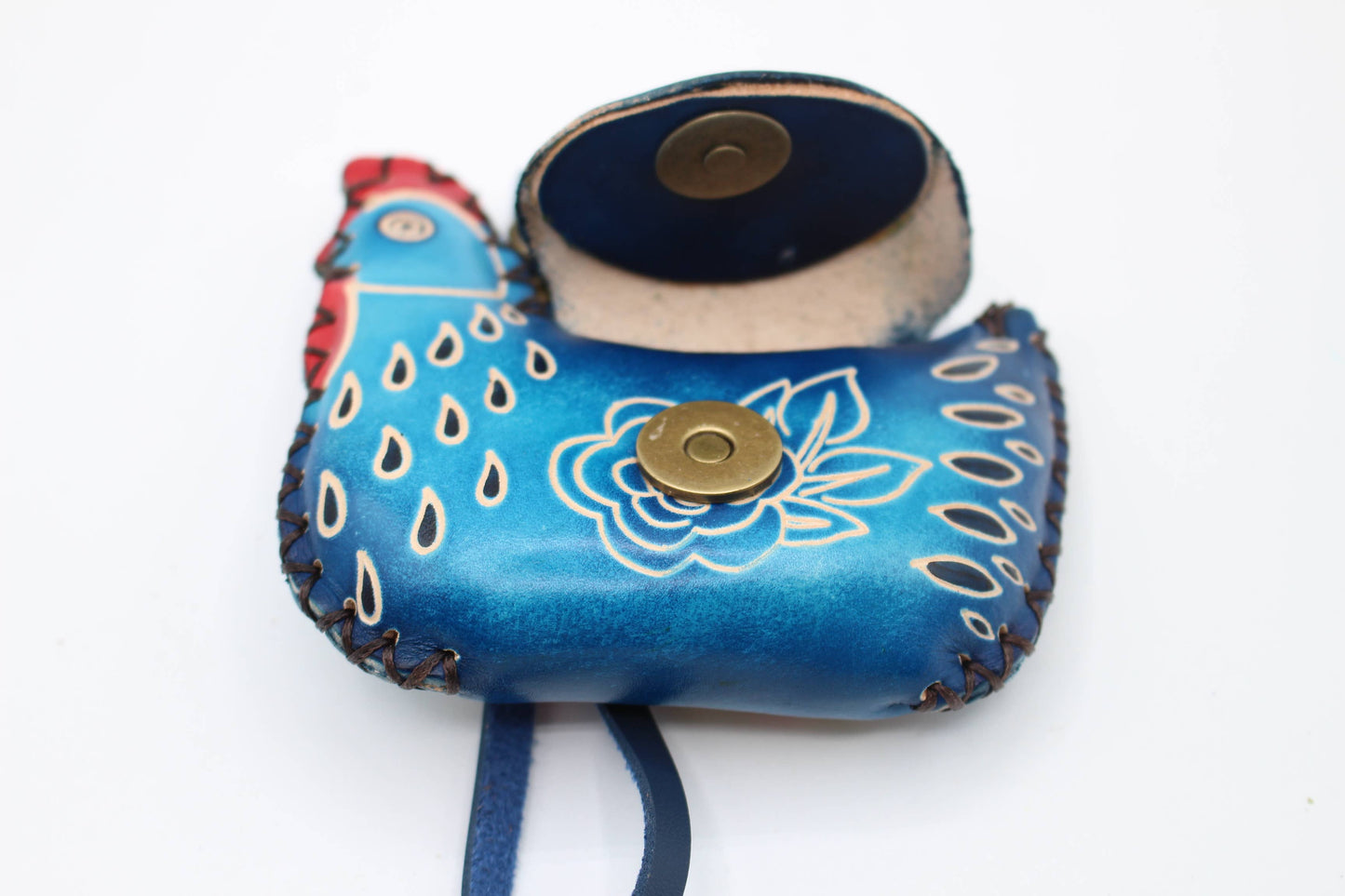 Leather chicken Hen coin purse  blue