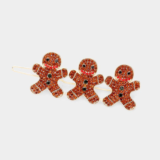 Metal Trim Rhinestone Gingerbread Man Barrette