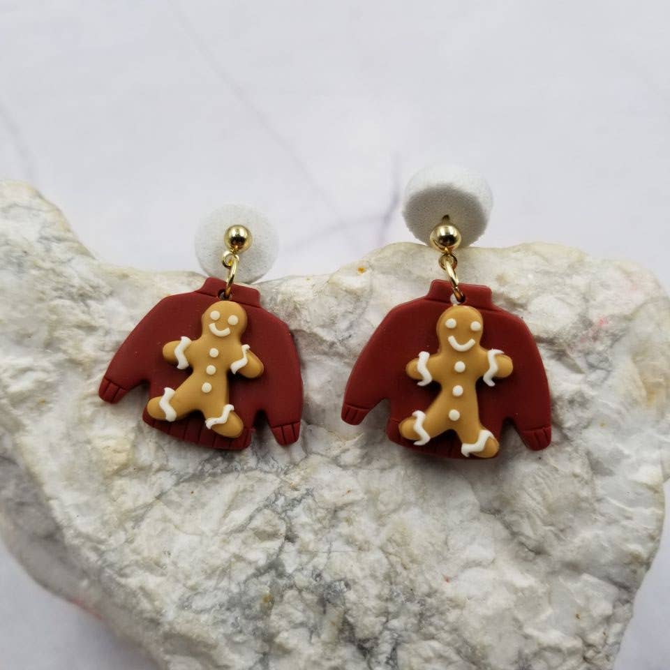 Christmas Sweater Gingerbread Man Clay Earrings