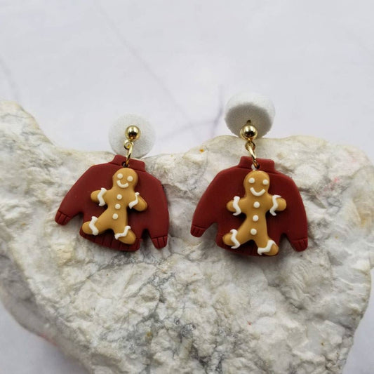 Christmas Sweater Gingerbread Man Clay Earrings