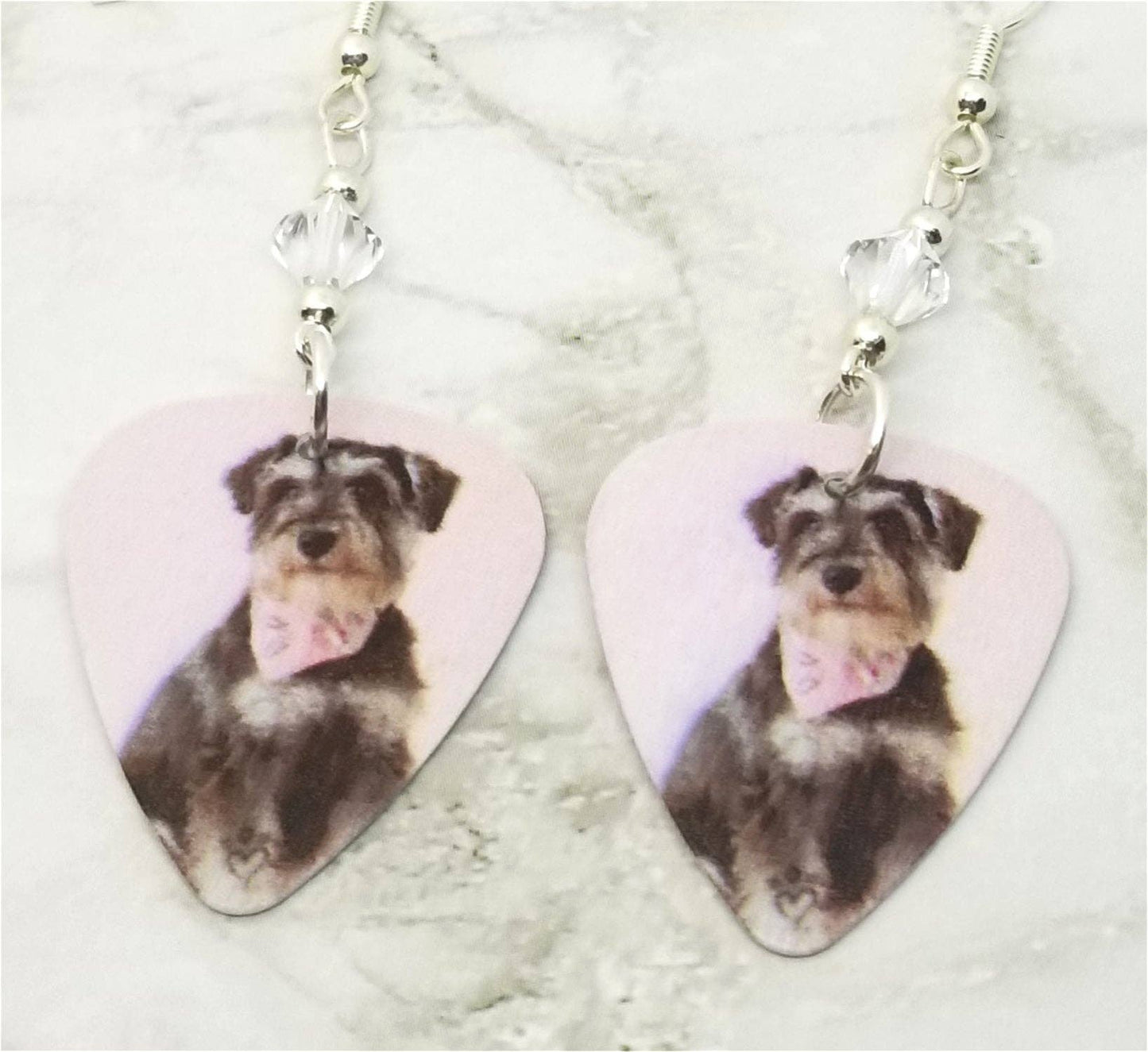 Schnauzer with a Bandanna Guitar Pick Earrings with Clear Sw