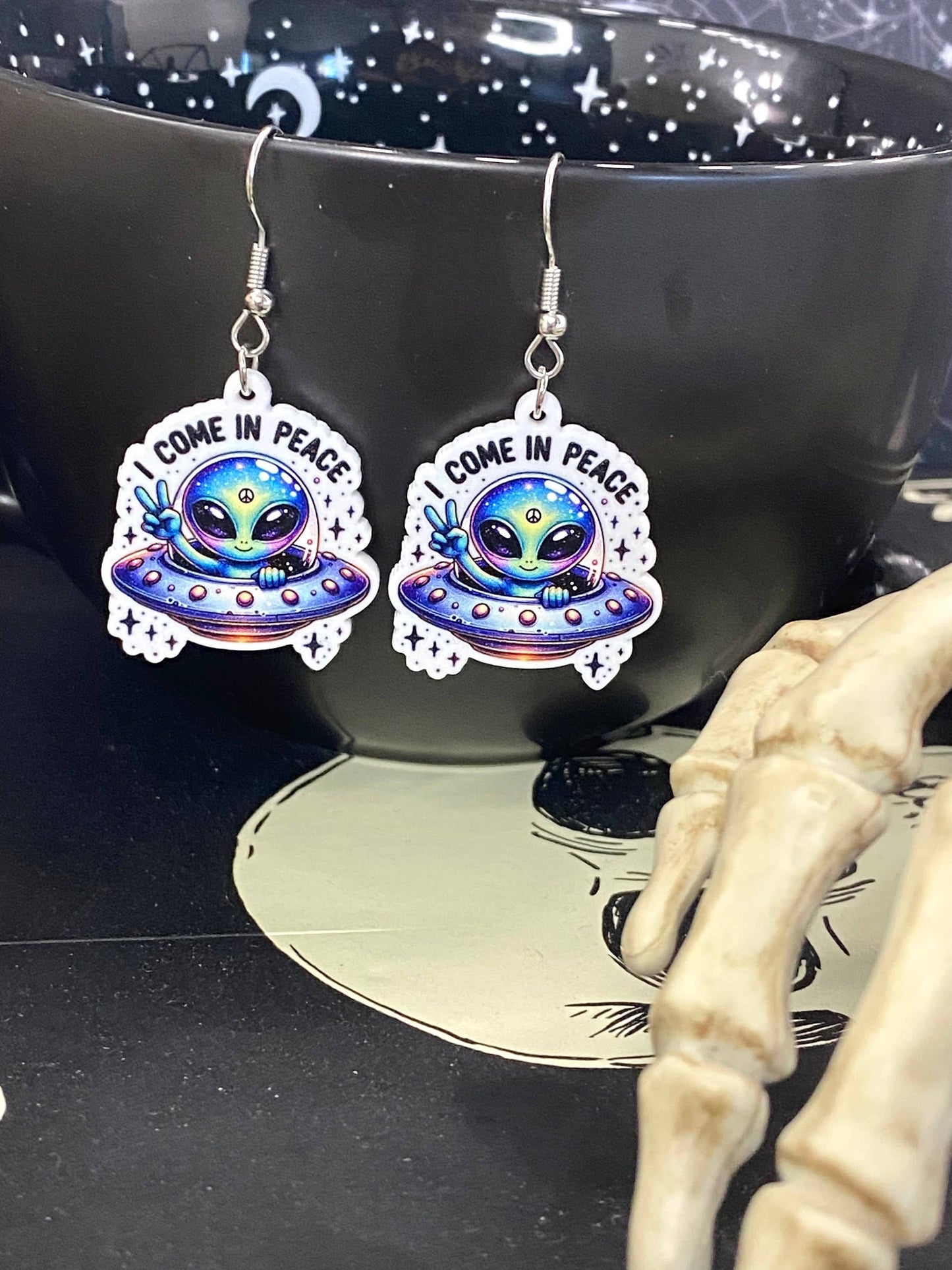 Alien Sci-Fi Book Earrings "I Come In Peace