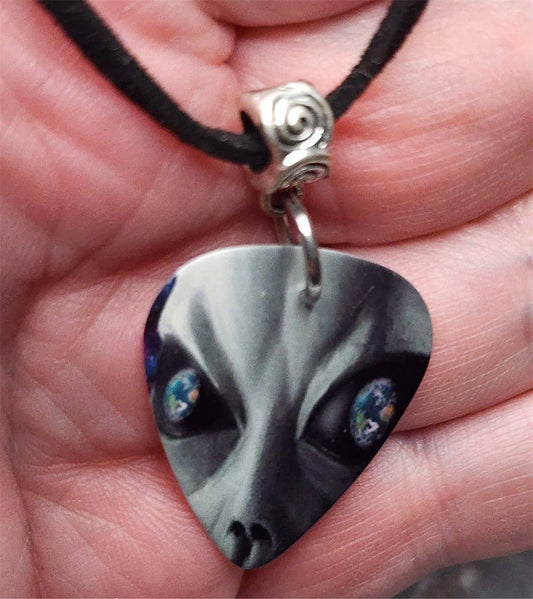 Close Up Mr. Gray Alien Guitar Pick Necklace with Black Cord