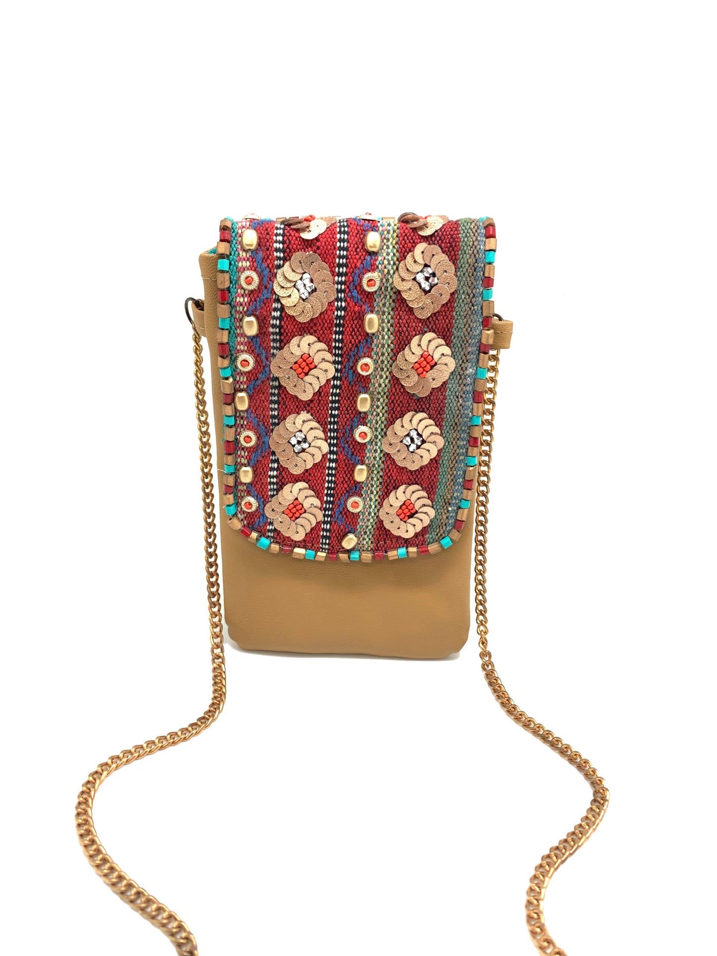 Woven Embroidered Flap With Vegan Leather Phone Wallet