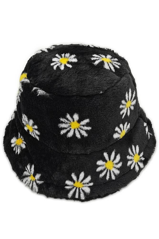 Floral Faux Fur Bucket Hat: Black