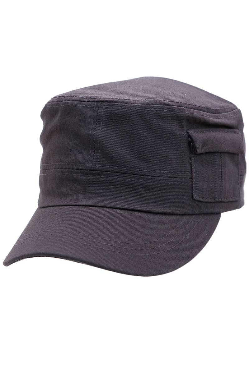 Charcoal Cotton Velcro Back Cadet Cap with Side Pocket