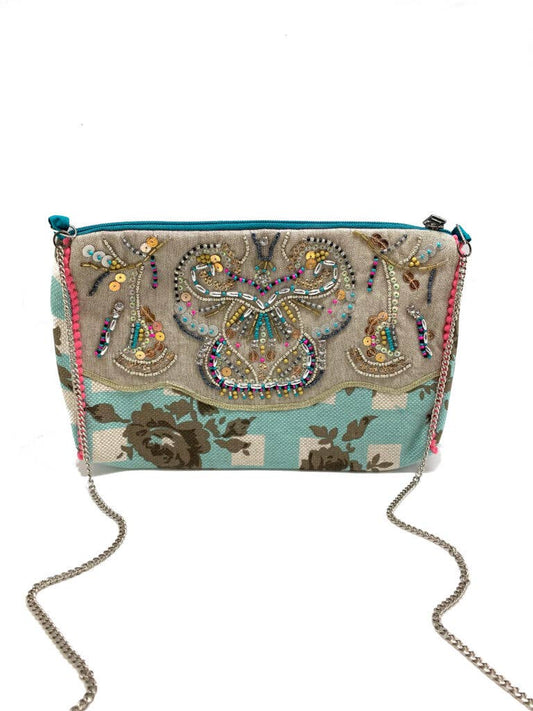 Beige and Light Blue Beaded and Embroidered Zipper Crossbody