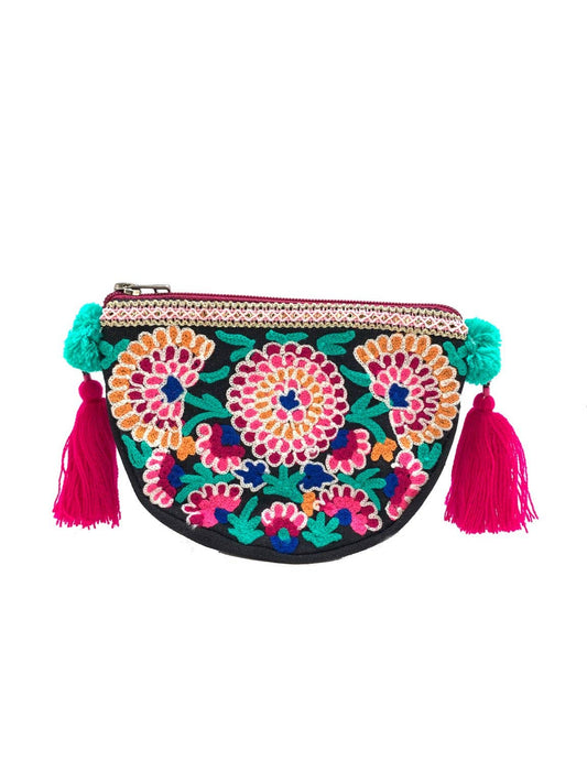 Tropical Bloom Hand Embroidered Pouch With Tassels