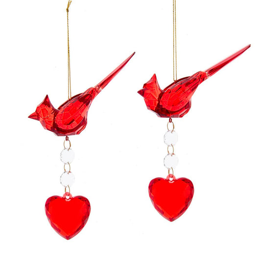 Cardinal With Heart Dangle Ornament, 2 Assorted