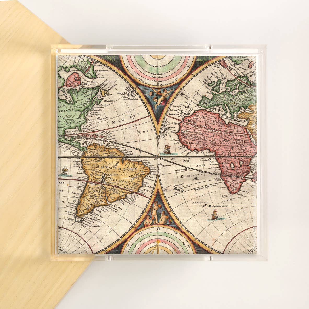 Library Map Travel Vintage Explore World Square Lucite Tray