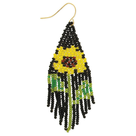 Sunflower Bead Black Fringe Earrings